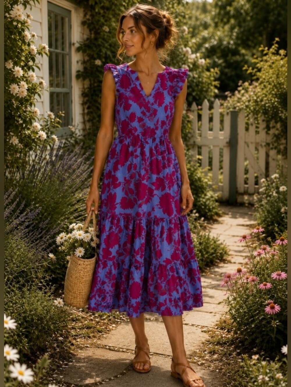 J Crew Blue Floral Burgundy Midi Dress Ruffle  Sleeves Tiered Elastic Waist 14